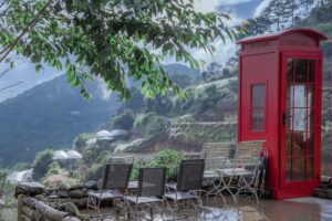 Bốt điện thoại đỏ biểu tượng và view đồi thông mờ sương tại Phoenix Garden Dalat Hill.